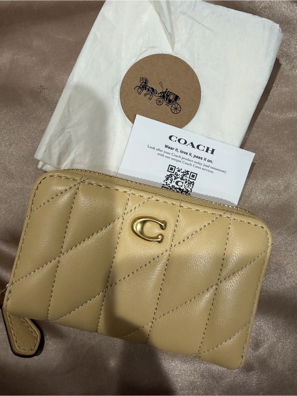 Coach Quilted Leather Zip Card Case Wallet in Vanilla
